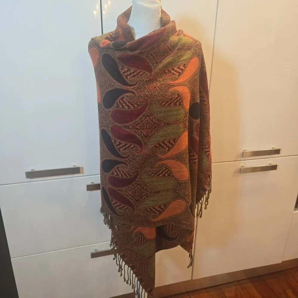 Cashmere Silk Pashmina Fringe Oversized Paisely Burgungdy Brown Scarf Shawl